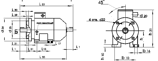 Чертеж: габаритные и присоединительные размеры электродвигателя АИР63А4 с фланцем