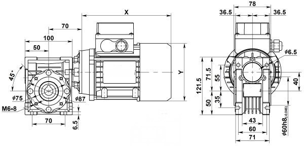 Чертеж: одноступенчатого червячного мотор-редуктора NMRV 040-30-93.3-0.18