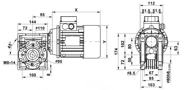 Чертеж: одноступенчатого червячного мотор-редуктора NMRV 063-7.5-186.7-1.5