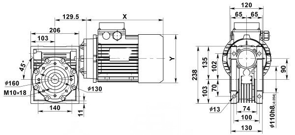 Чертеж: одноступенчатого червячного мотор-редуктора NMRV 090-80-35.0-0.75